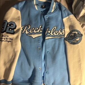 Blue and White Reckless Varsity Jacket